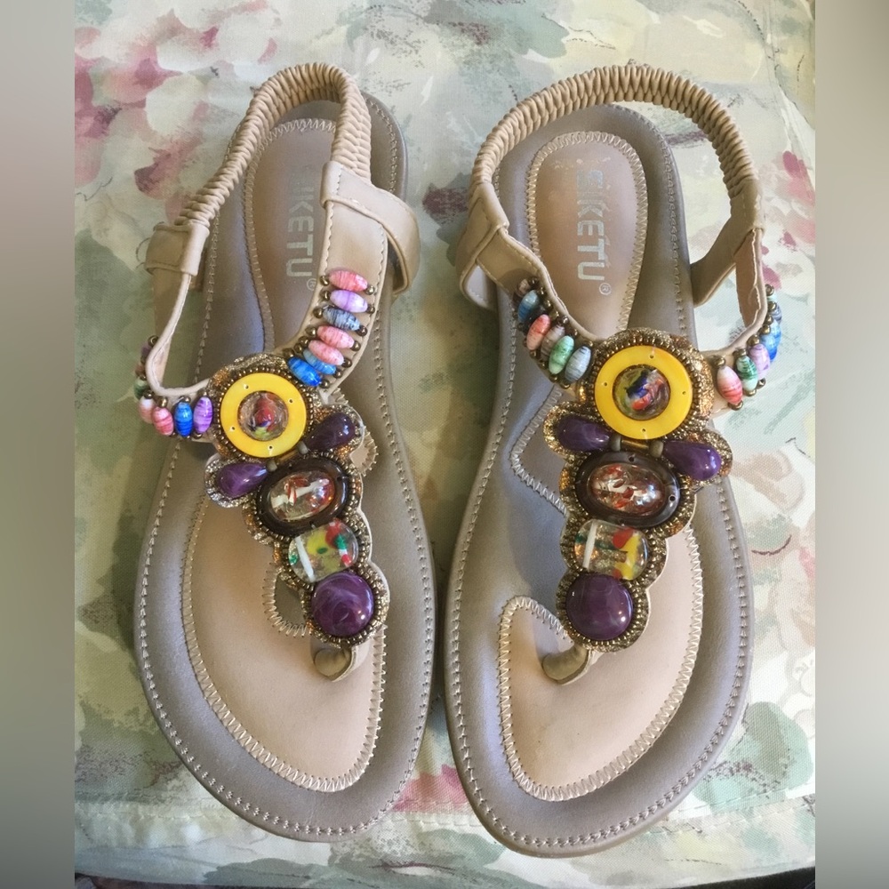 Siketu Women's Beaded Sandals - Purple and Yellow